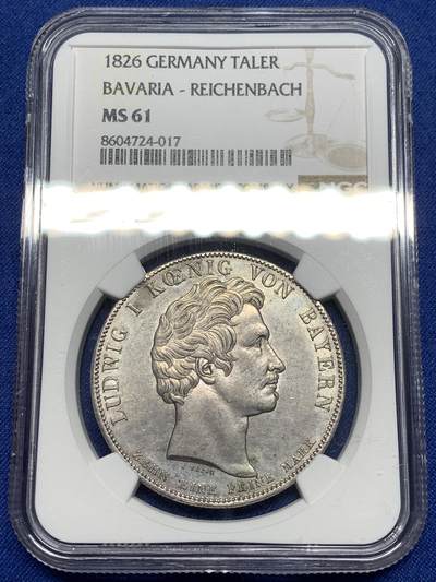 《竞宝斋》第475场 周日，周一 2场连拍 （全场包邮）欢迎送拍 - NGC MS61 德国 巴伐利亚 1826 赖兴巴赫和弗劳恩霍夫 泰勒大银币 少见的品种 61的分数 状态感觉低评了