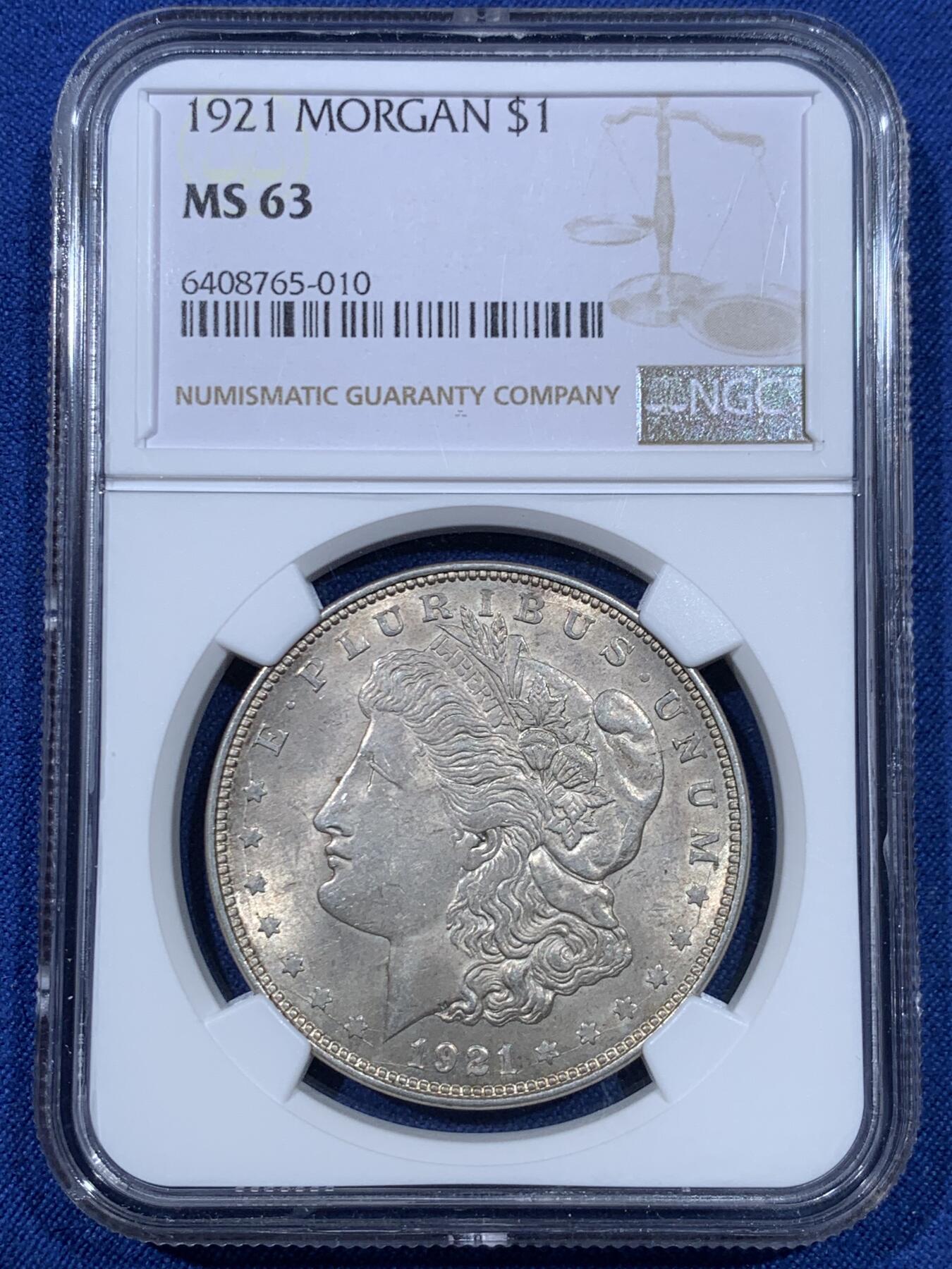 《竞宝斋》第475场 周日，周一 2场连拍 （全场包邮）欢迎送拍 NGC MS63 美国 1921年 摩根一元银币