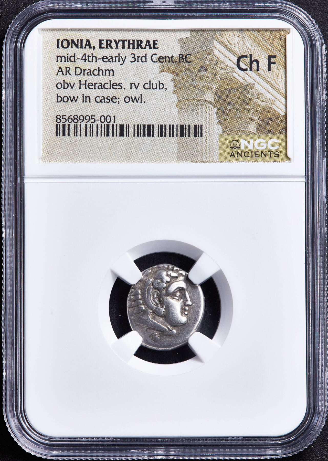 【俄甄集藏】2026年(050)04-01星期三 晚 19:30 全场包邮 古希腊爱奥尼亚地区埃利色雷公元前4世纪中期1德拉克马大力神猫头鹰银币，NGC ChF，正面大力神赫拉克勒斯戴狮皮头像  ，背面大棒、箭袋、猫头鹰及酒杯图案