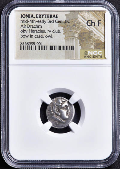 【俄甄集藏】2026年(050)04-01星期三 晚 19:30 全场包邮 - 古希腊爱奥尼亚地区埃利色雷公元前4世纪中期1德拉克马大力神猫头鹰银币，NGC ChF，正面大力神赫拉克勒斯戴狮皮头像  ，背面大棒、箭袋、猫头鹰及酒杯图案