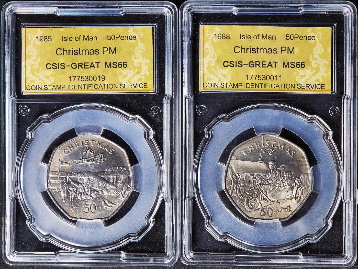 【俄甄集藏】2026年(050)04-01星期三 晚 19:30 全场包邮 英属马恩岛1980-1988年圣诞节50便士纪念币10枚一组，信泰 MS64-MS66，发行量均为30000枚