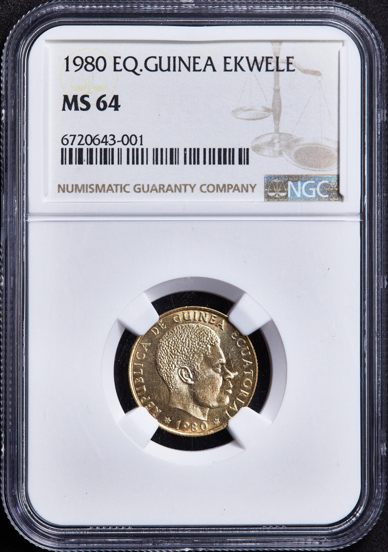 【俄甄集藏】2026年(050)04-01星期三 晚 19:30 全场包邮 赤道几内亚1980年政变首脑特奥多罗·奥比昂·恩圭马·姆巴索戈头像版1-50依库雷硬币4枚全套，NGC MS63-MS65，大量回炉销毁，好品难寻，全套MS稀有