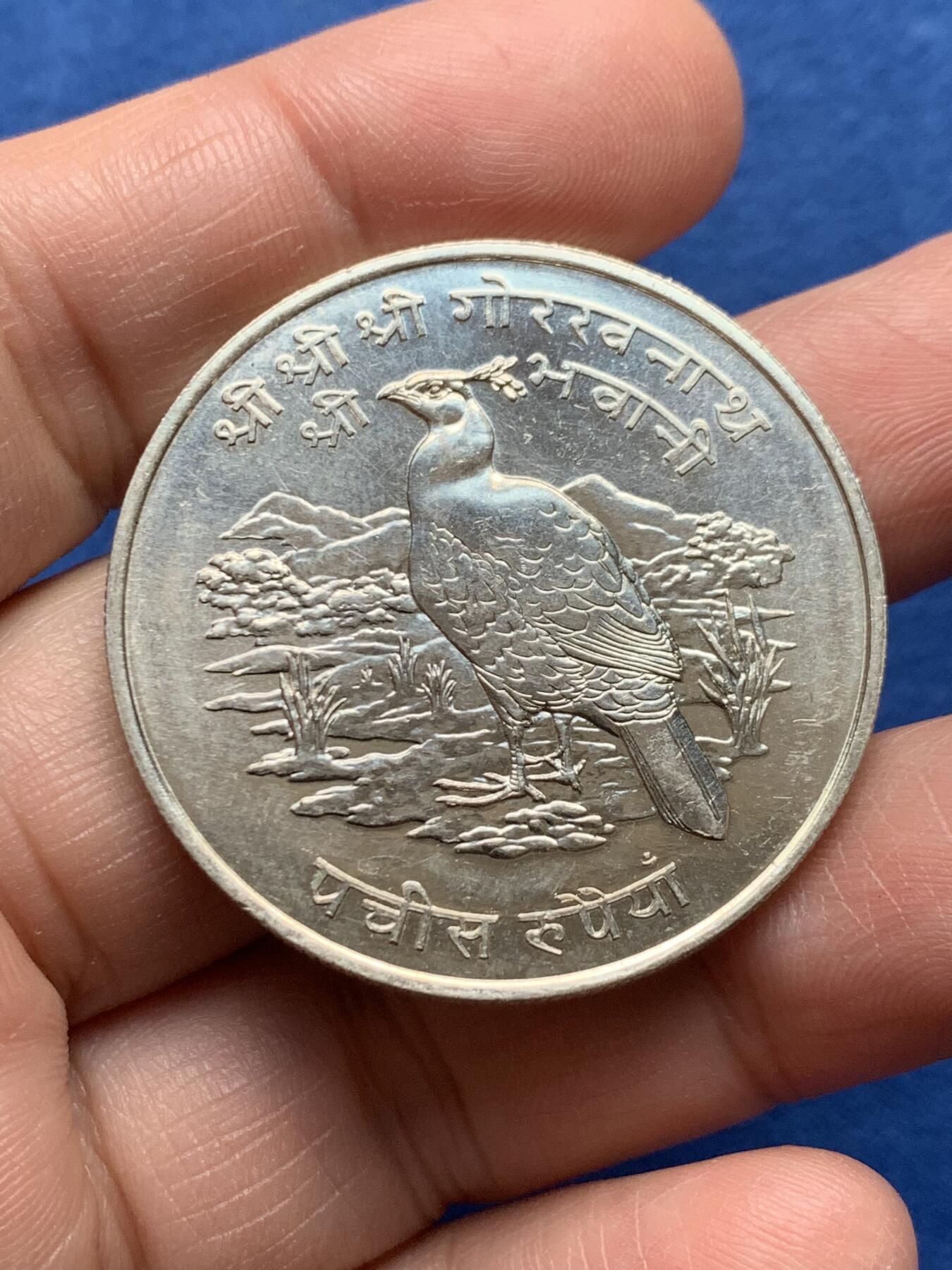 《竞宝斋》第475场 周日，周一 2场连拍 （全场包邮）欢迎送拍 尼泊尔1974年喜马拉雅金雉25卢比银币 25.45克 500银