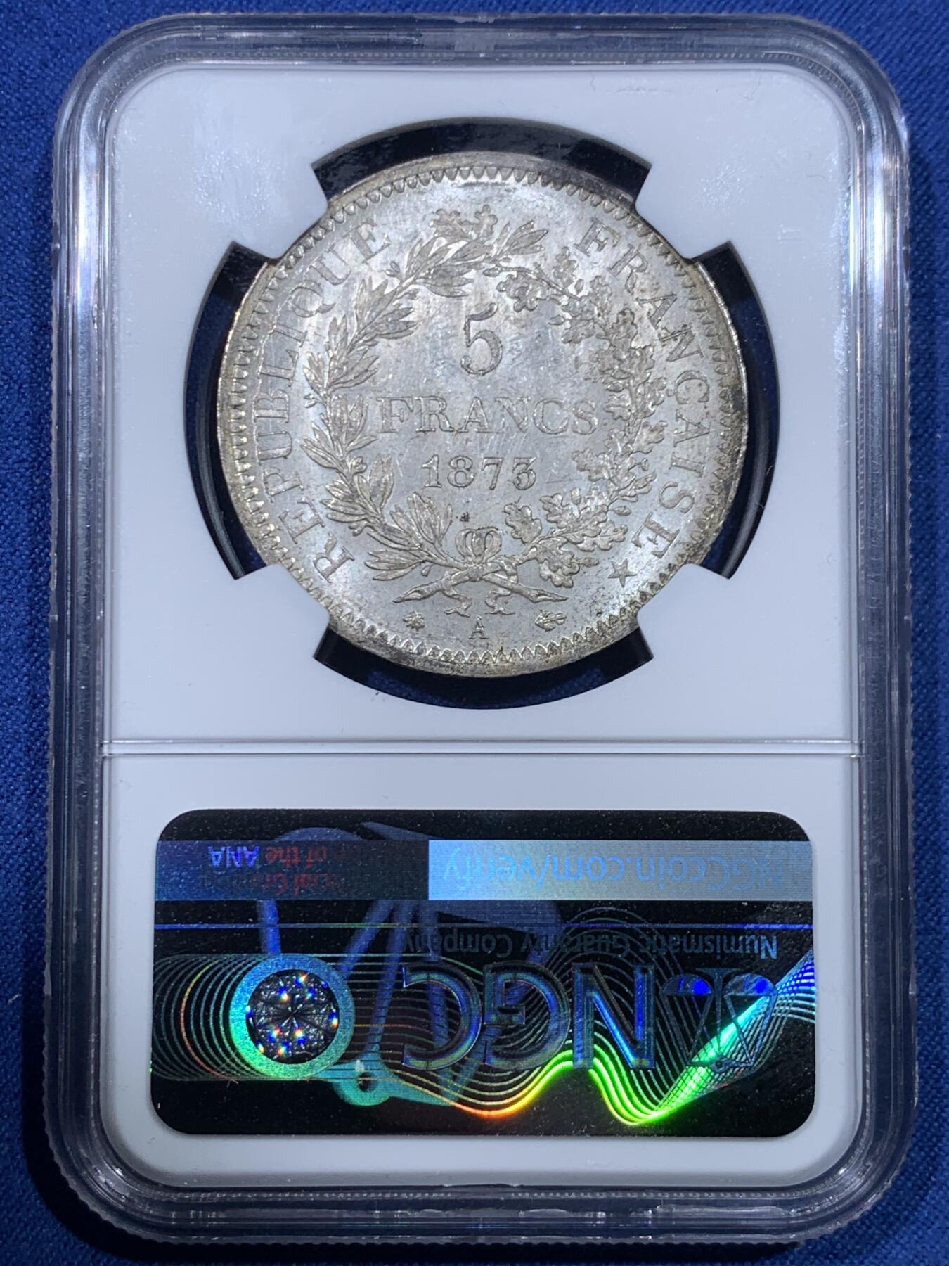 《竞宝斋》第475场 周日，周一 2场连拍 （全场包邮）欢迎送拍 NGC MS62 法国 1873年 A版 大力神 5法郎银币 细节高点清晰