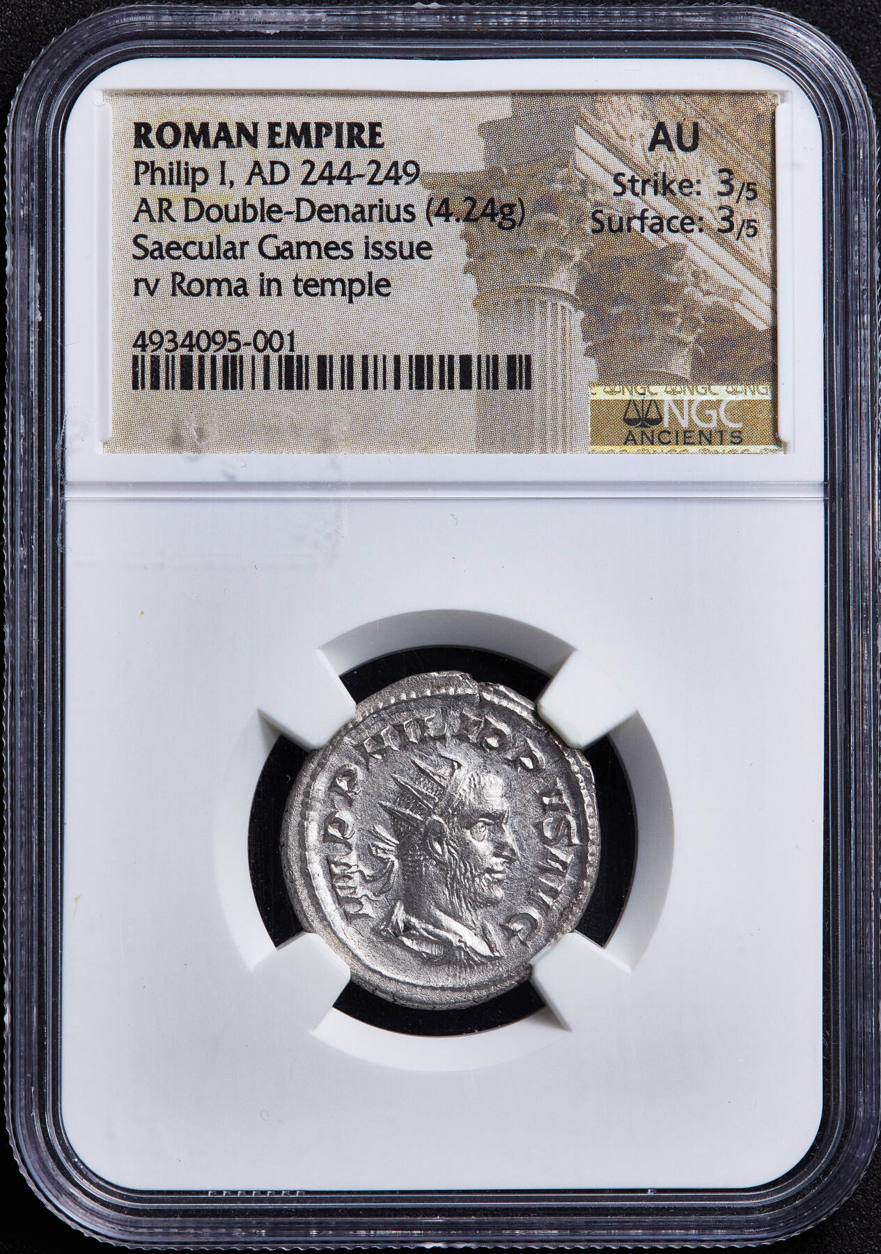 【俄甄集藏】2026年(050)04-01星期三 晚 19:30 全场包邮 古罗马帝国公元244-249年菲利普一世纪念罗马城建城1000年双狄纳里神庙建筑银币，NGC AU(Str 3/5, Sur 3/5)，正面菲利普桂冠头像，币文：最高统帅，菲利普·奥古斯都；背面罗马六柱式神庙，中间罗马女神，币文：新的百年