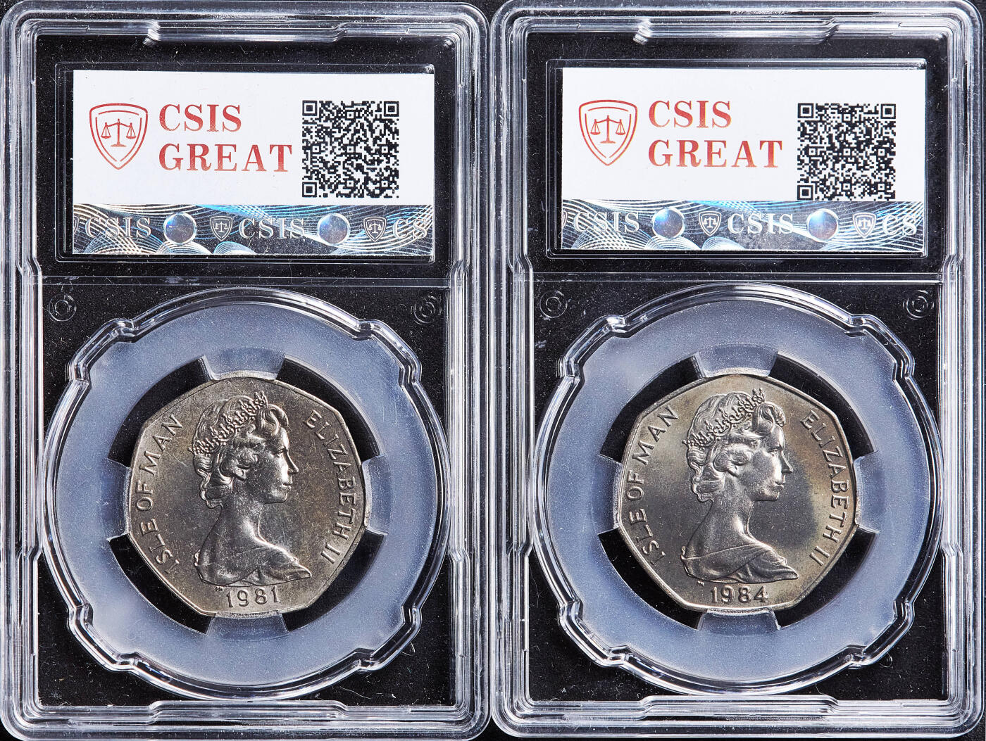 【俄甄集藏】2026年(050)04-01星期三 晚 19:30 全场包邮 英属马恩岛1980-1988年圣诞节50便士纪念币10枚一组，信泰 MS64-MS66，发行量均为30000枚