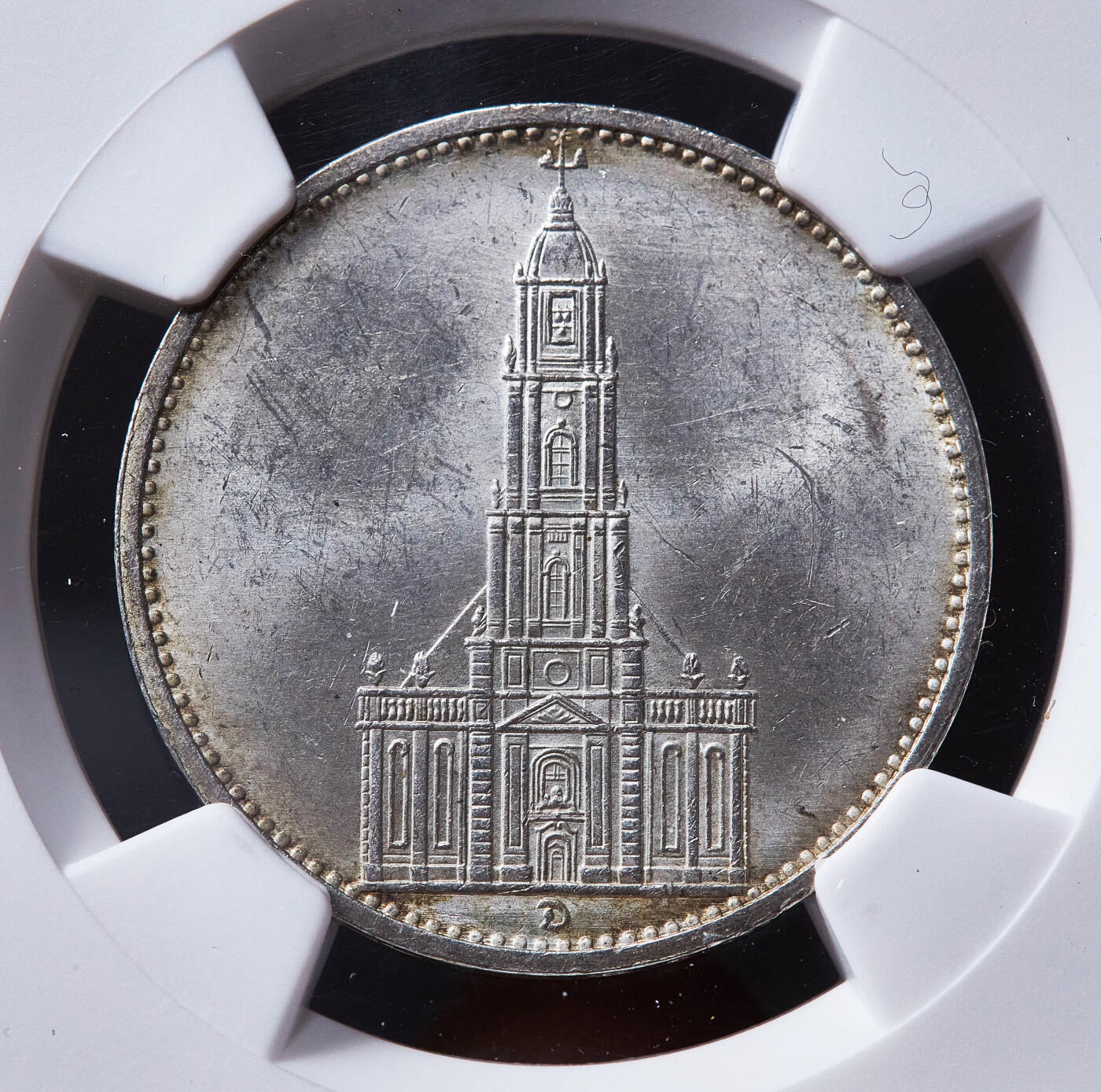 【俄甄集藏】2026年(050)04-01星期三 晚 19:30 全场包邮 德国第三帝国1934年D版波茨坦教堂无字版5马克银币，NGC MS61，黄油彩包浆，转光品相