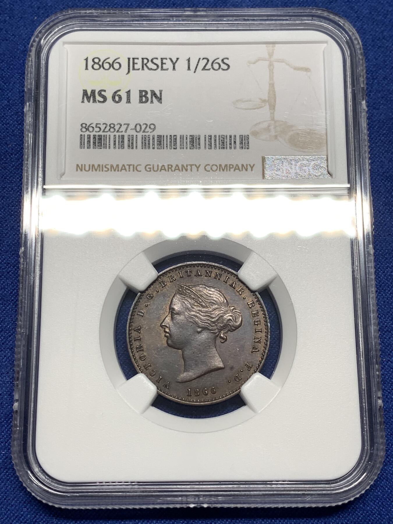 《竞宝斋》第475场 周日，周一 2场连拍 （全场包邮）欢迎送拍 NGC MS61BN 英国泽西岛1866年1/26先令铜币 细节不错