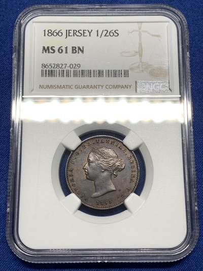 《竞宝斋》第475场 周日，周一 2场连拍 （全场包邮）欢迎送拍 - NGC MS61BN 英国泽西岛1866年1/26先令铜币 细节不错