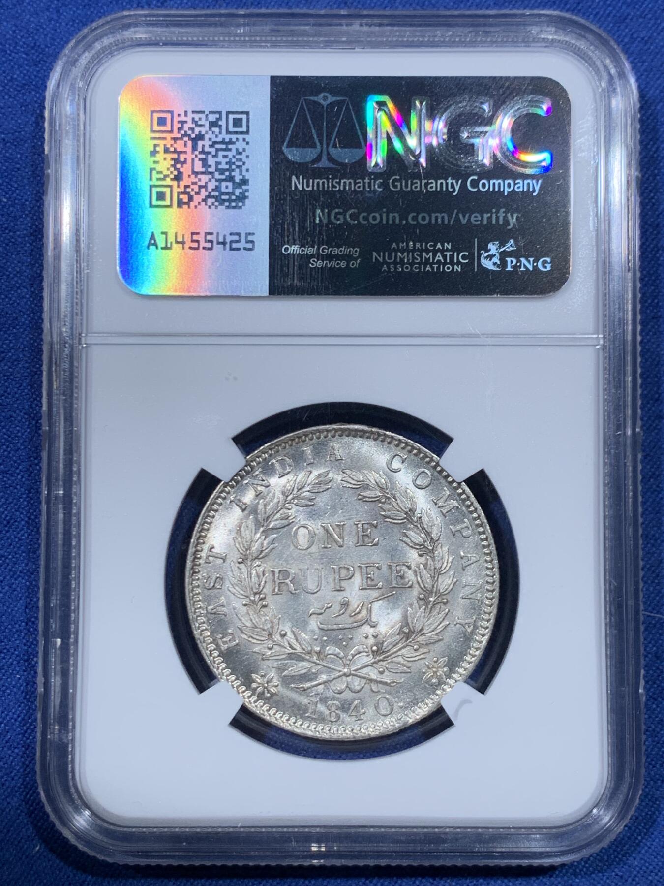 《竞宝斋》第475场 周日，周一 2场连拍 （全场包邮）欢迎送拍 NGC UNCD 英属印度1840年维多利亚女王单辫1卢比银币