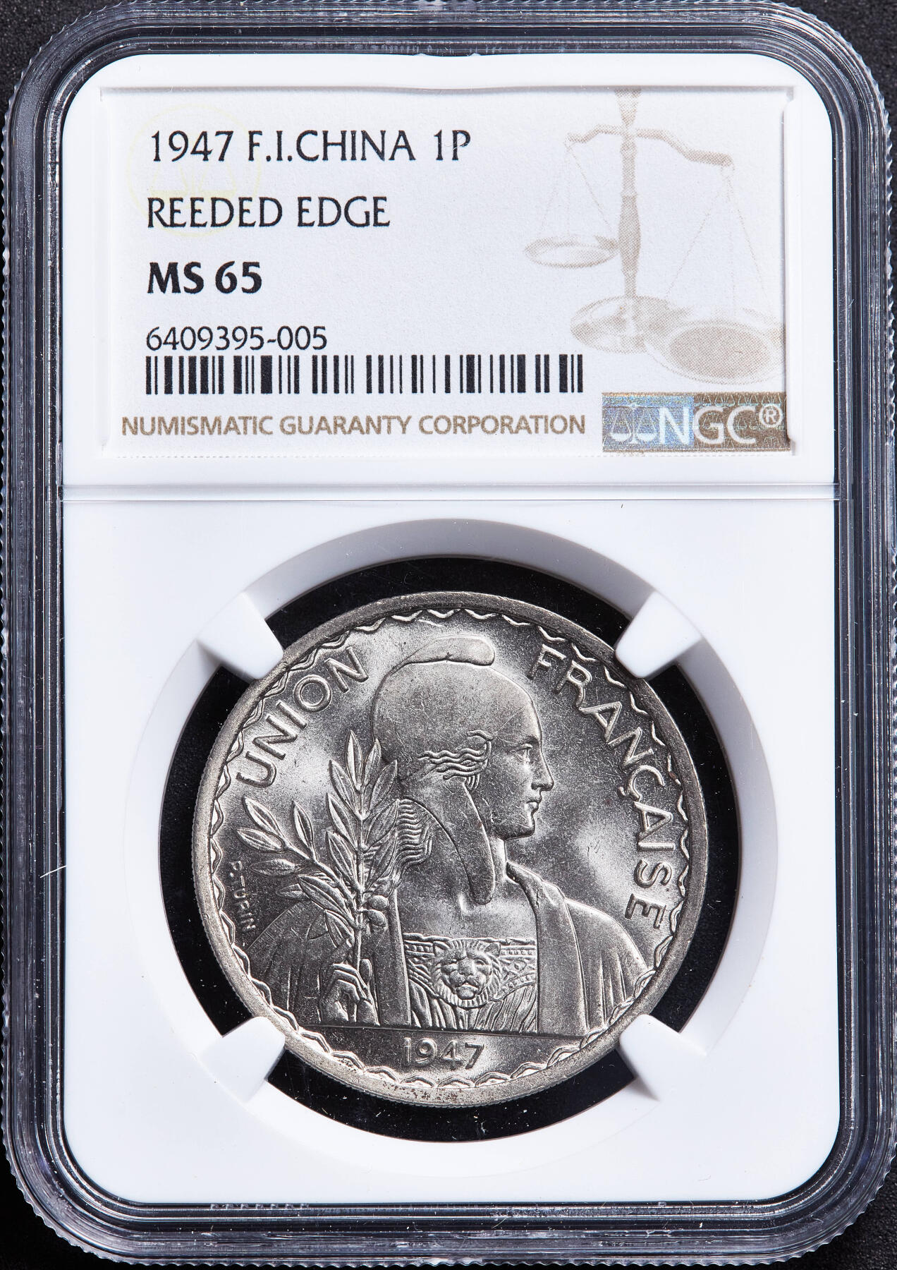 【俄甄集藏】2026年(050)04-01星期三 晚 19:30 全场包邮 法属印度支那1947年1皮阿斯特镍币，NGC MS65，顶级状态，转光品相