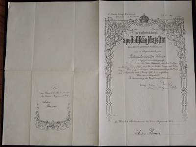 凯旋世界勋赏（第23期）（欢迎送拍）（对拍品有疑问请询问客服，不接受到手刀，出价默认拍品品相。请认真阅读拍卖规则！出价默认已认可！）（收到货请录制开箱视频，无视频概不处理问题。） -  奥匈帝国 二等骑兵上尉晋升证书 正式委任状 由时任战争部长 炮兵中将 鲁道夫·冯·梅特尔 亲笔签名 签发，1888年授予 安东·鲍尔