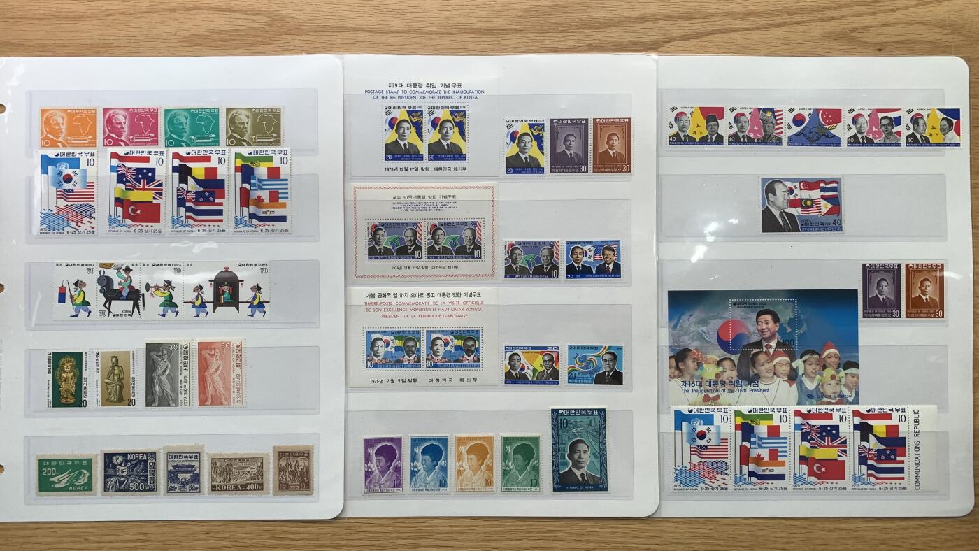 《竞宝斋》第476场 周日，周一 2场连拍 （全场包邮）欢迎送拍 韩国邮票一组，包含朴正熙就职，全斗焕访问东南亚，福特访韩，追悼陆英修等少见票，也有朝鲜战争纪念，崔圭夏就职，还有几张早期票，体裁相当丰富，很多票单枚价格不低，适合凑南韩品种。