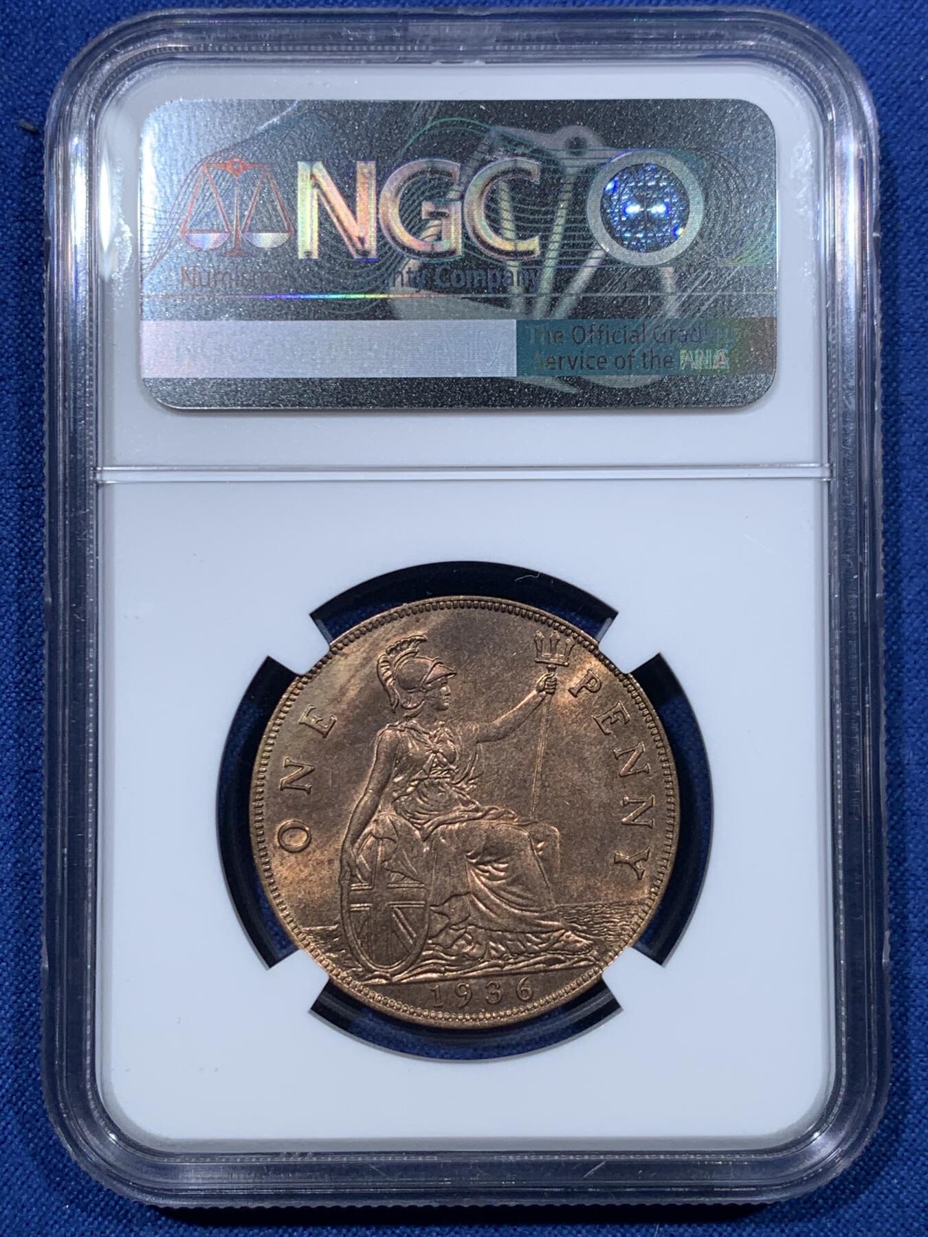 《竞宝斋》第476场 周日，周一 2场连拍 （全场包邮）欢迎送拍 NGC MS64RB 英国1936乔五1便士 英系经典品种 背面为不列颠女神形象 细节光度都不错