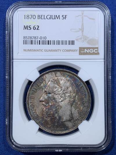 《竞宝斋》第476场 周日，周一 2场连拍 （全场包邮）欢迎送拍 - NGC MS62 比利时 1870年 利奥波德二世5法郎银币 五彩包浆 光感不错