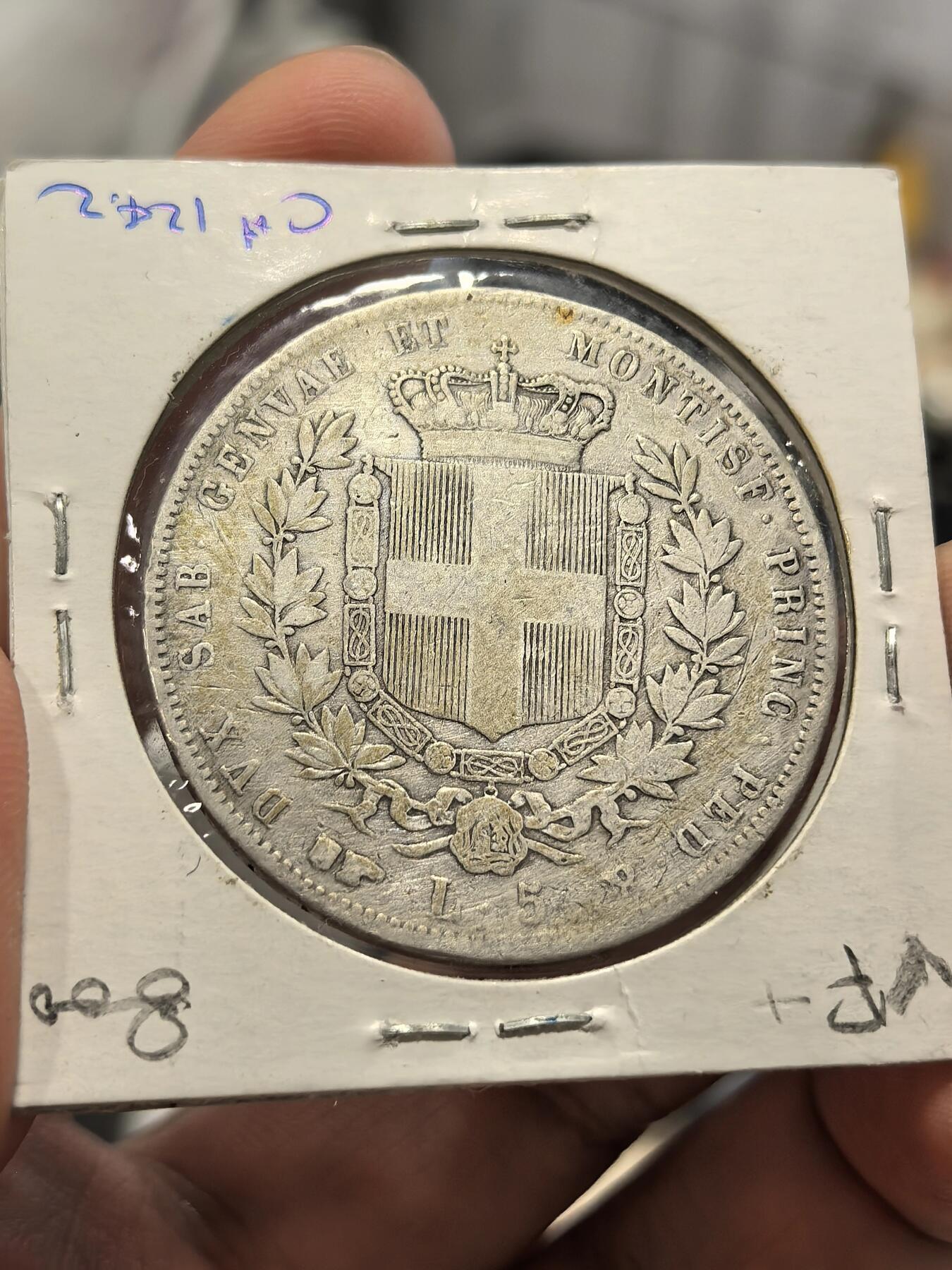 博洋堂世界钱币拍卖第167期（全场包邮） 意大利撒丁王国1851年伊曼纽尔二世5里拉银币，热那亚造币厂铸造，罕见品种