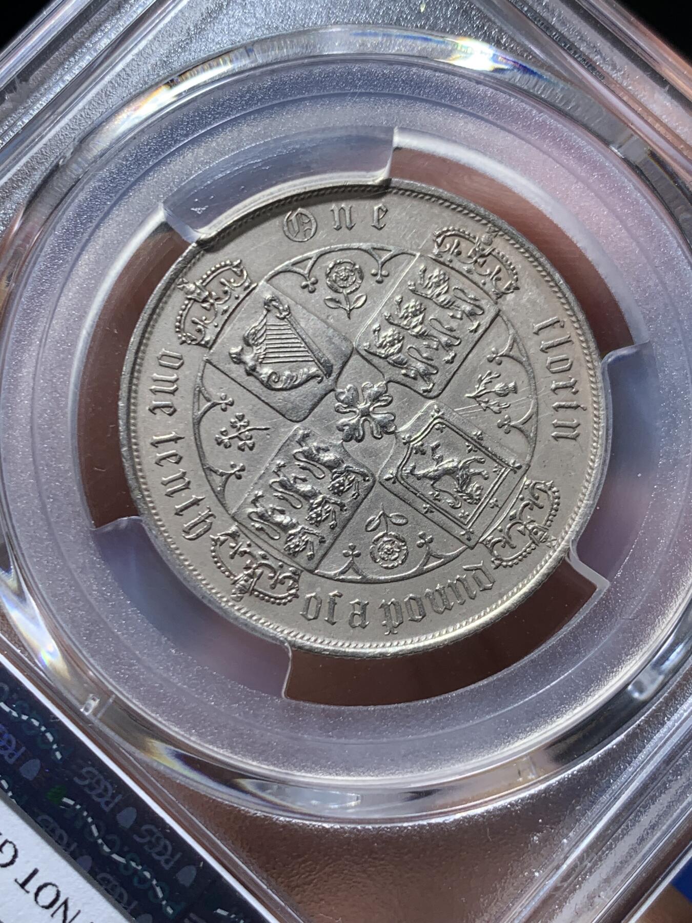 《竞宝斋》第476场 周日，周一 2场连拍 （全场包邮）欢迎送拍 NGC AUD 英国1873哥特弗洛林，少见年份，一流状态细节，AU92过于严苛