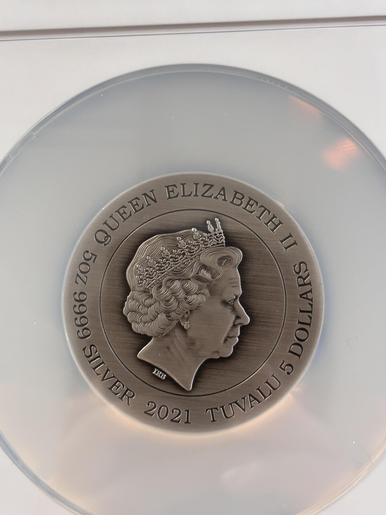 第196期拍卖 图瓦卢2021年十二星座5盎司仿古彩银币NGC-MS70首，9999银，发行488枚