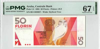 小福收藏拍卖第204期 评级币精选场 本期有 荷兰经典AA冠拿杯子的蛇 叙利亚世遗帕尔米拉古城豹子号冠军分 法国红衣主教冠军分 意大利经典达芬奇   白俄罗斯 "Millennium" 纪念版AA冠全同千位号全套  南斯拉夫铁托未发行版 美国 墨西哥 越南 法属印度支那等多国精美高分珍稀老钞精品纸币 - 阿鲁巴1993年 50弗罗林 PMG67 EPQ 季军分（冠亚军分仅各1枚）