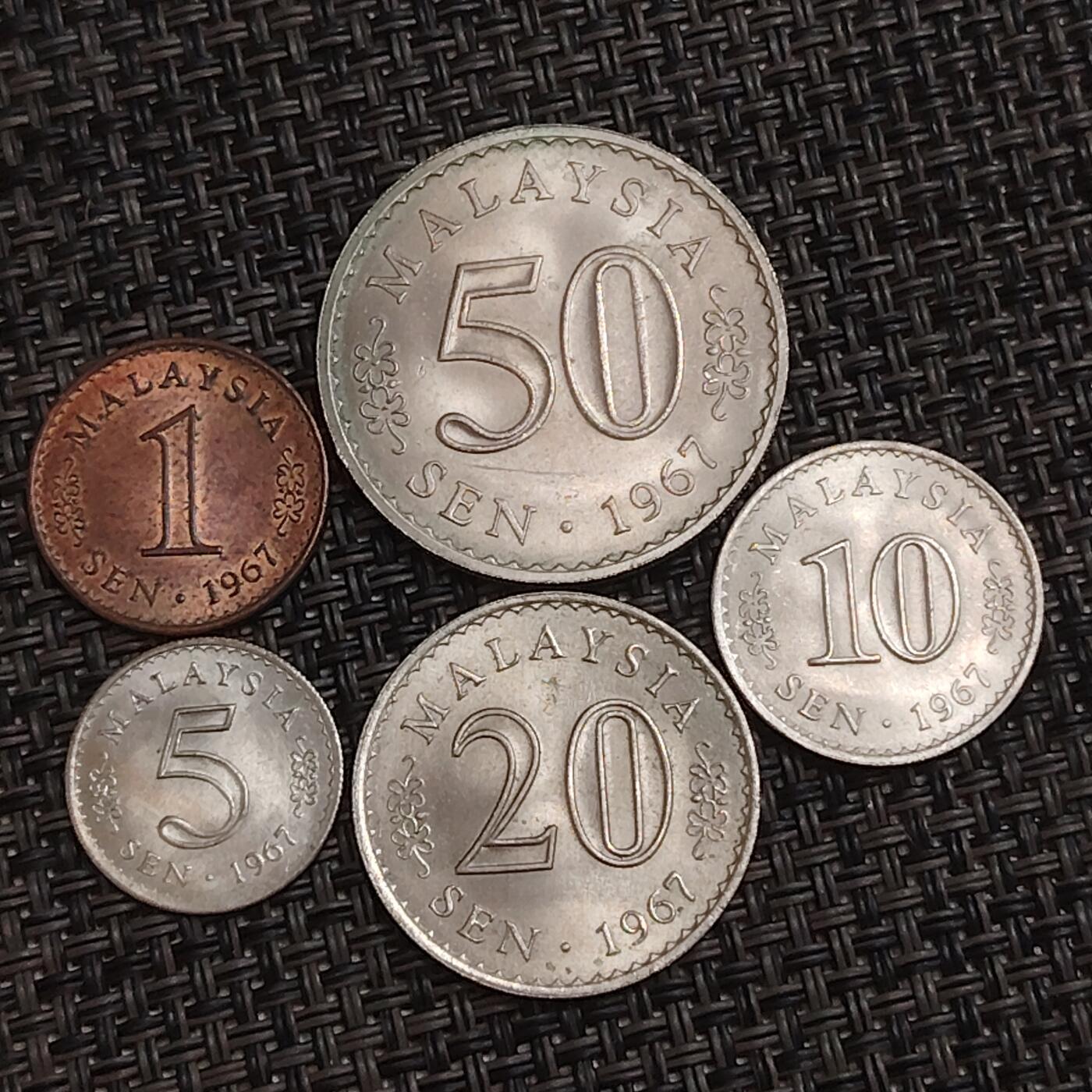 布加迪🐬～世界钱币(上海)🌾第 284 期 /  各国套币和散币 马来西亚🇲🇾 1967年 5枚币