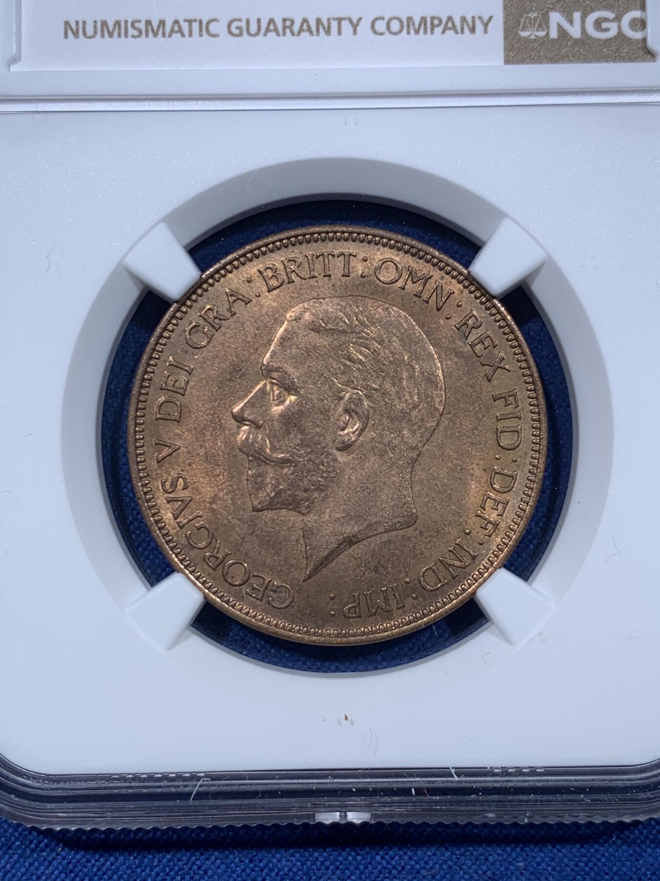 《竞宝斋》第476场 周日，周一 2场连拍 （全场包邮）欢迎送拍 NGC MS64RB 英国1936乔五1便士 英系经典品种 背面为不列颠女神形象 细节光度都不错