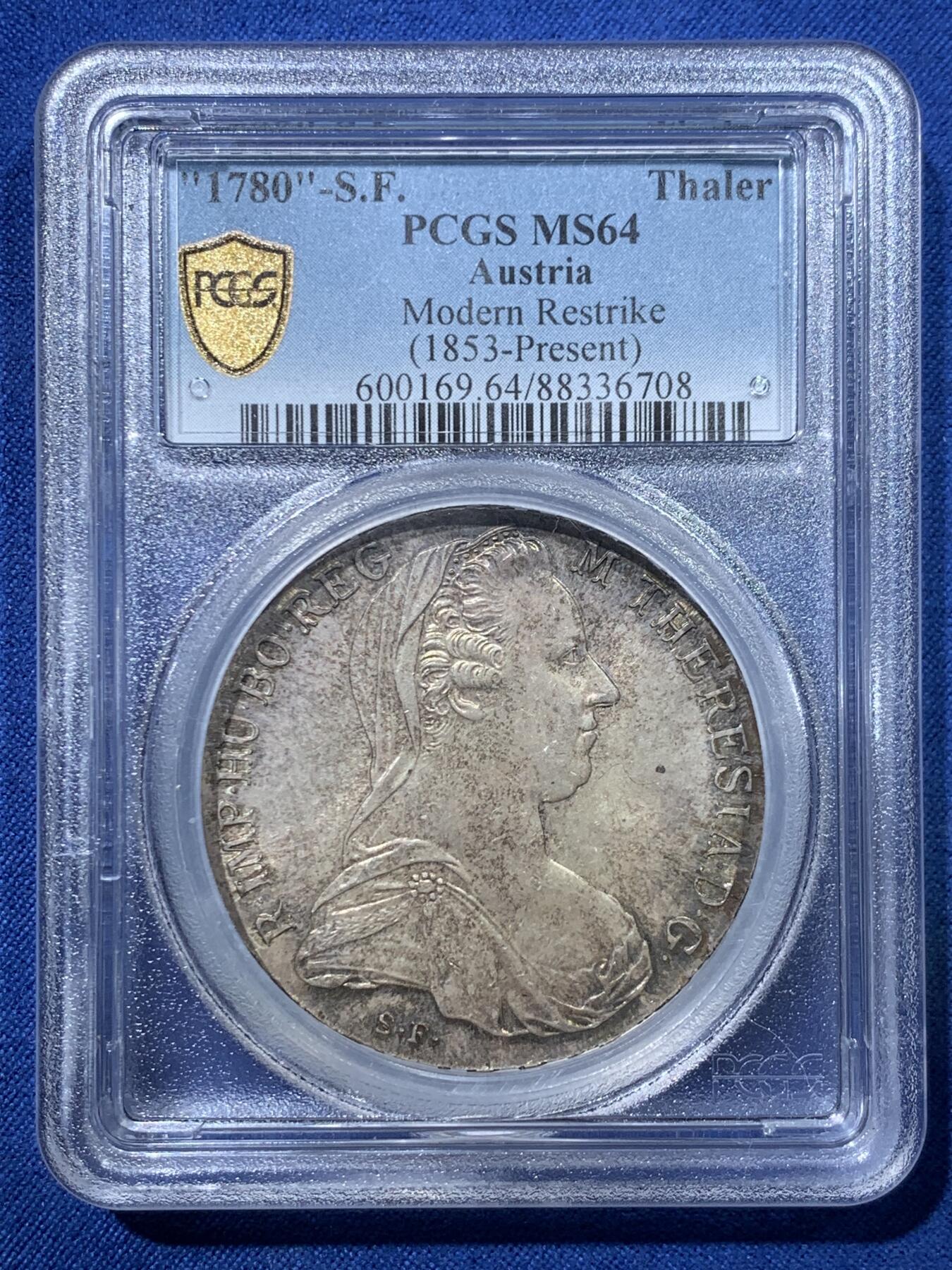 《竞宝斋》第476场 周日，周一 2场连拍 （全场包邮）欢迎送拍 PCGS MS64 奥匈帝国大奶妈银币 原味五彩 加厚盒 比较早期的后铸