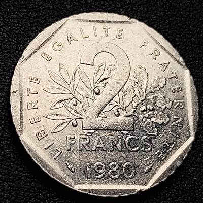 泉币菌-第218场-拍品多 请提前出价 - 原光美品 法国早期（1980年）2法郎镍币 26mm 播种女神 入欧前 末版 绝版币