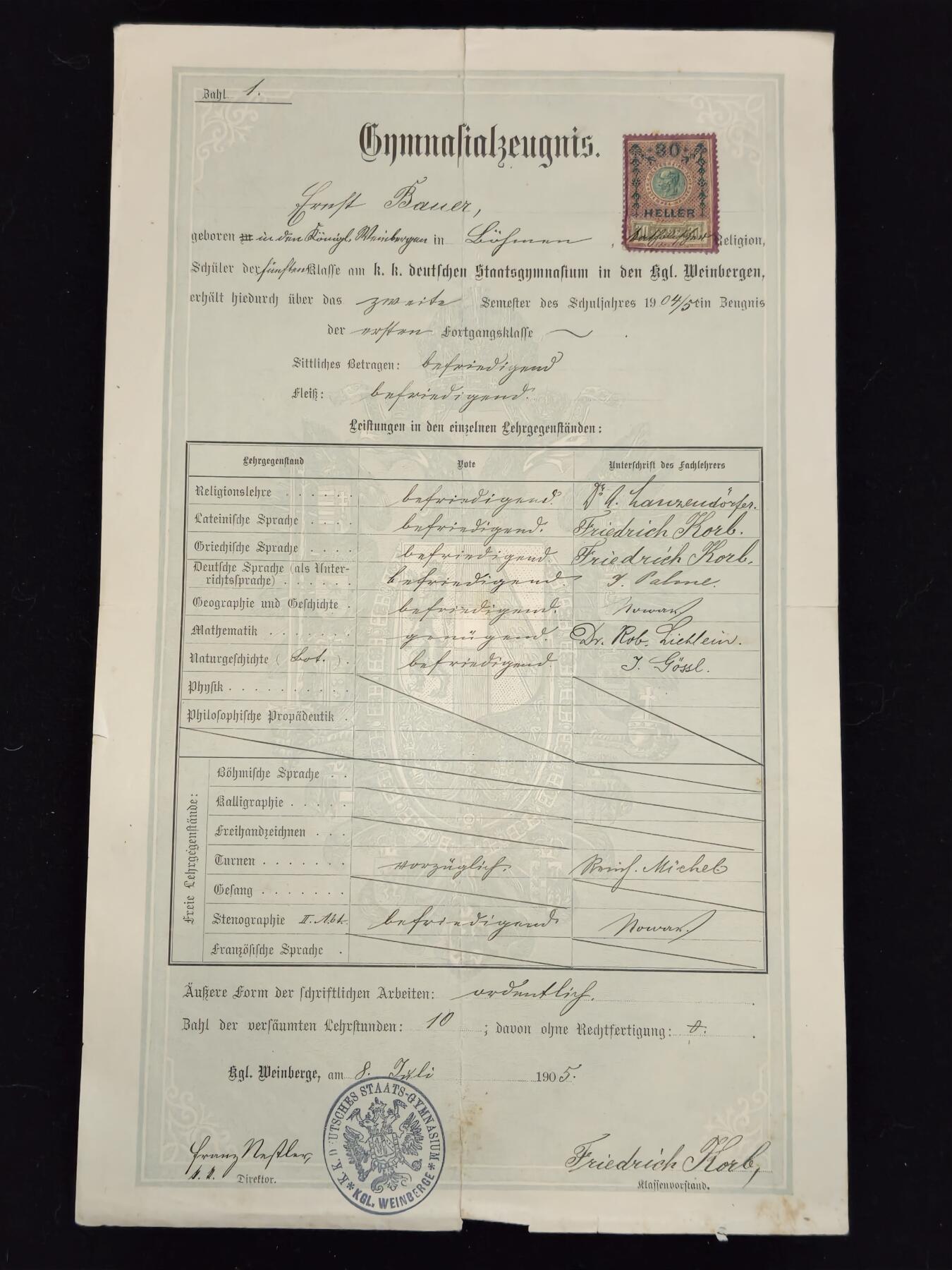 凯旋世界勋赏（第23期）（欢迎送拍）（对拍品有疑问请询问客服，不接受到手刀，出价默认拍品品相。请认真阅读拍卖规则！出价默认已认可！）（收到货请录制开箱视频，无视频概不处理问题。） 奥匈帝国 1905年 安东·鲍尔之子，恩斯特·鲍尔在 皇家国立德意志文理中学 的成绩单  校长与班主任亲笔签名签发