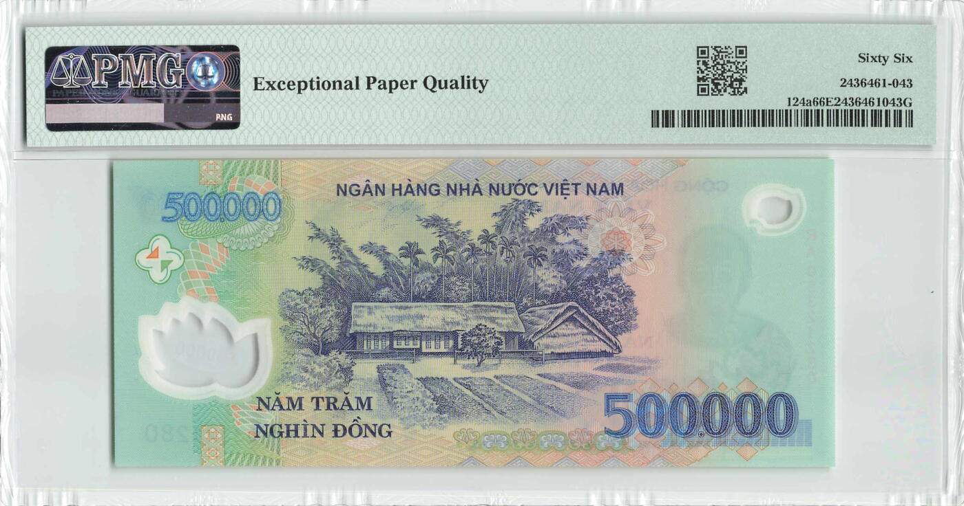 小福收藏拍卖第204期 评级币精选场 本期有 荷兰经典AA冠拿杯子的蛇 叙利亚世遗帕尔米拉古城豹子号冠军分 法国红衣主教冠军分 意大利经典达芬奇   白俄罗斯 "Millennium" 纪念版AA冠全同千位号全套  南斯拉夫铁托未发行版 美国 墨西哥 越南 法属印度支那等多国精美高分珍稀老钞精品纸币 越南 2003年 500000盾 胡志明 塑料钞 首发年 无47 PMG66 EPQ 季军分