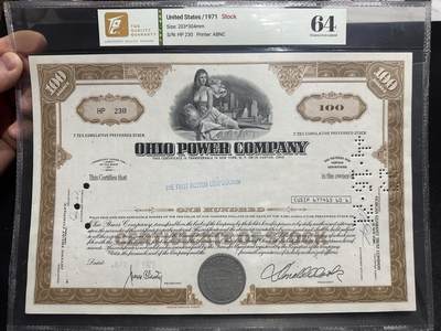 《外钞收藏家》第六百二十二期（精品场）（长期征集拍品、欢迎藏友们联系合作） - 1971年美国雕刻版股票100面额 TQG评级64/230