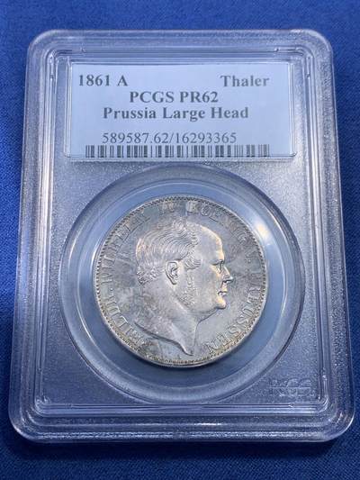 《竞宝斋》第476场 周日，周一 2场连拍 （全场包邮）欢迎送拍 - PCGS PR62 德国1861年普鲁士流通泰勒大头版精制币 PC老白盒典藏品质 状态好于分数的一枚 也可以试试博分