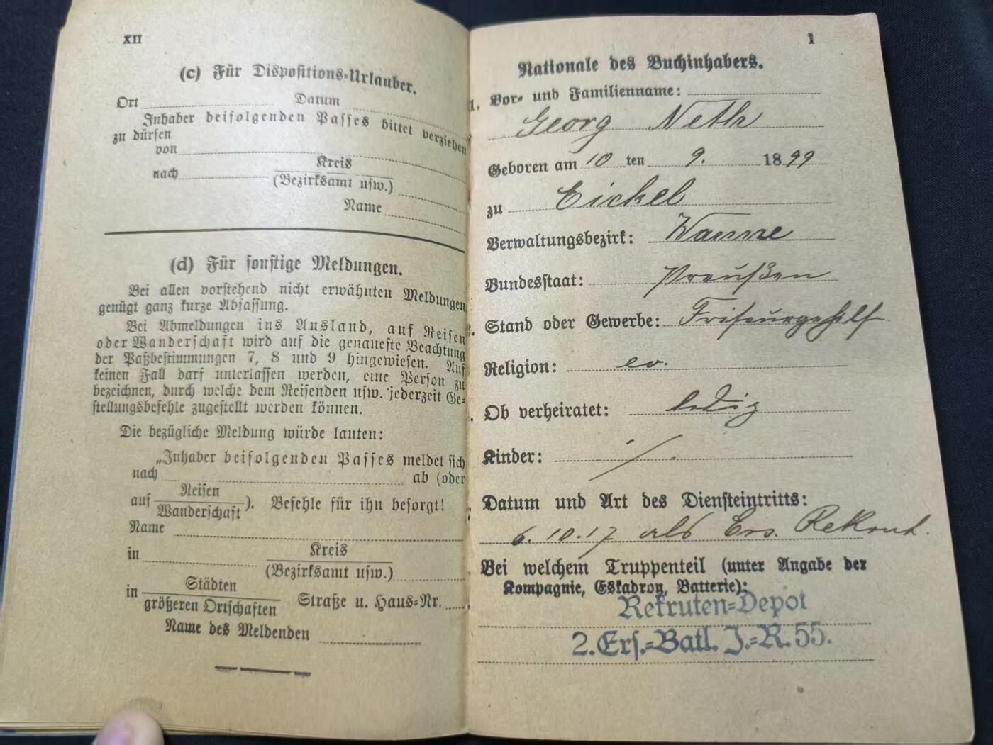 云宸嘉赏-勋臻文献佳藏优品精选场次（低佣 转发佣金红包） 德意志帝国格奥尔格・梅特士兵证 前线作战期间获得战斗奖章（Kampfglasur） 后调入省保安步兵服役 领取战争津贴 