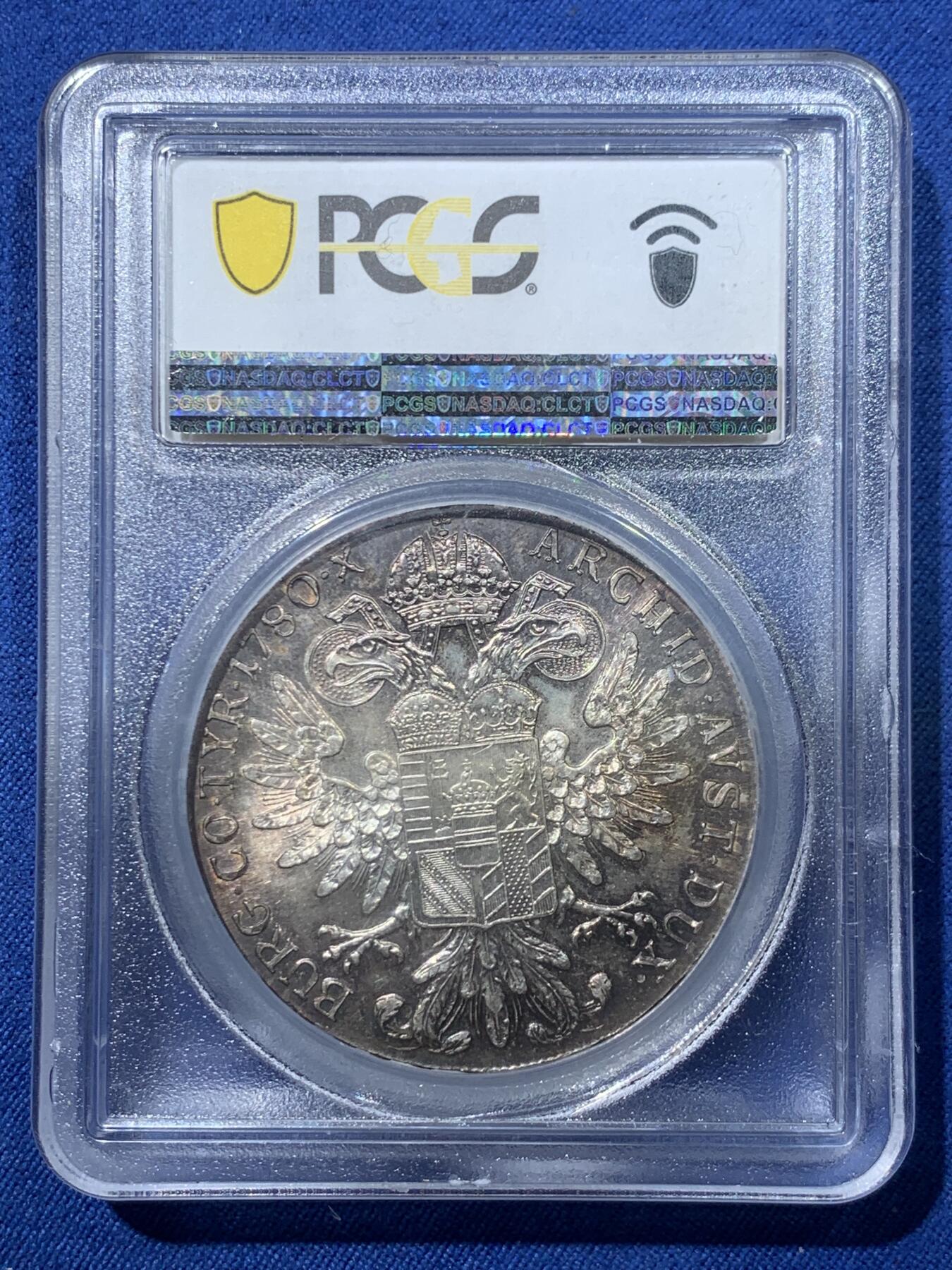 《竞宝斋》第476场 周日，周一 2场连拍 （全场包邮）欢迎送拍 PCGS MS64 奥匈帝国大奶妈银币 原味五彩 加厚盒 比较早期的后铸