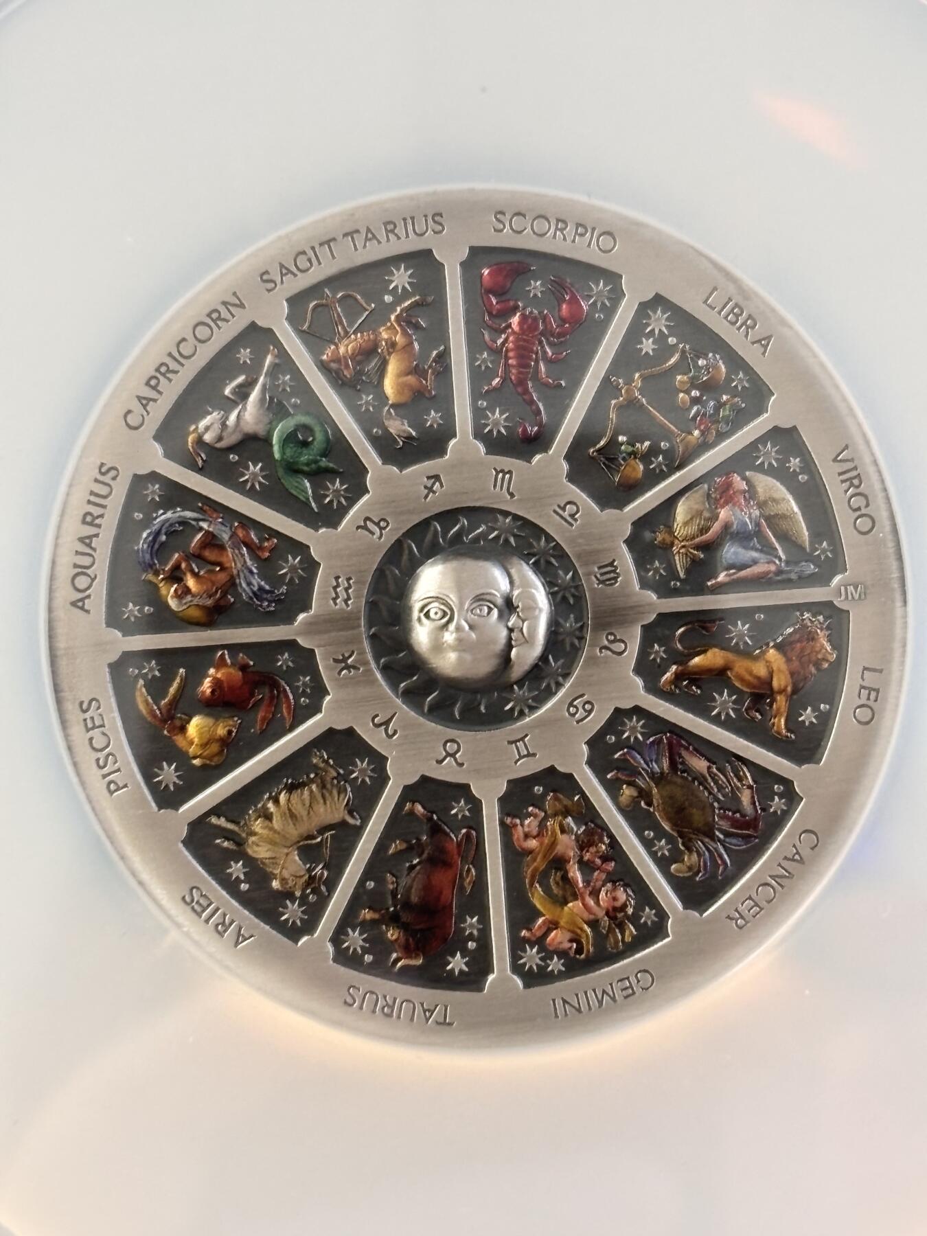 第196期拍卖 图瓦卢2021年十二星座5盎司仿古彩银币NGC-MS70首，9999银，发行488枚