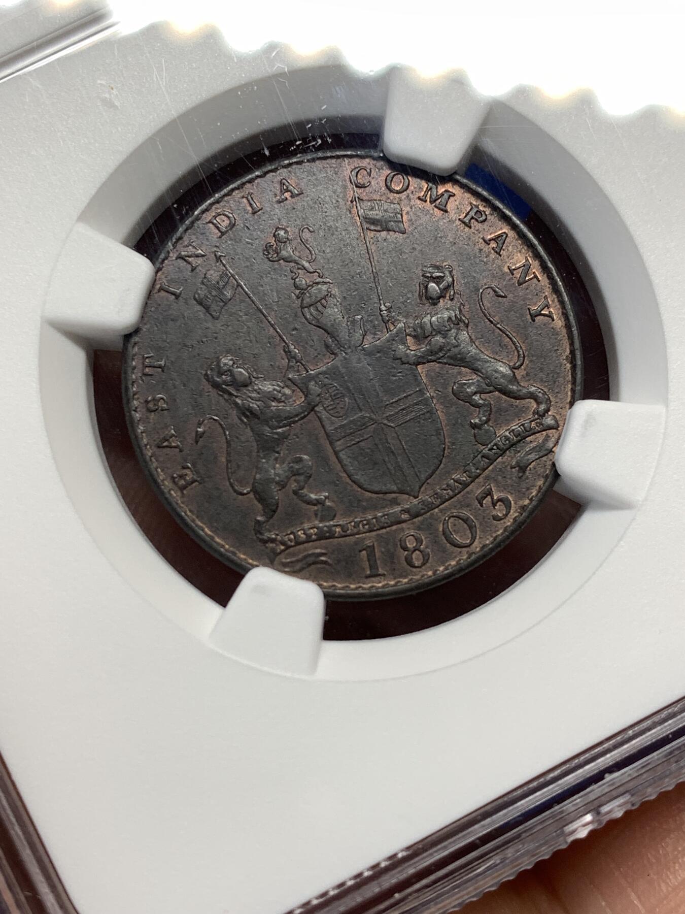 《竞宝斋》第476场 周日，周一 2场连拍 （全场包邮）欢迎送拍 NGC AU55BN 东印度公司 1803年 马德拉斯 10CASH 铜币 6.5g