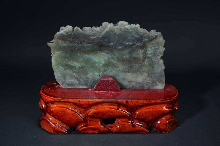 上海都达杂项专场六十七【全场包邮】 天然和田玉精雕《松山高士图》摆件连座95-262