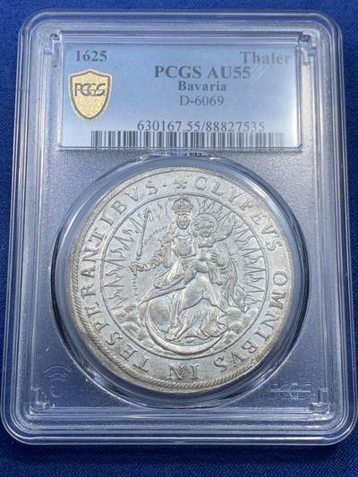 《竞宝斋》第476场 周日，周一 2场连拍 （全场包邮）欢迎送拍 - PCGS AU55 巴伐利亚选侯国 1625 泰勒银币 打制细节与光度顶级，品相明显低评 首位选侯马克西米利安一世于三十年战争时期发行