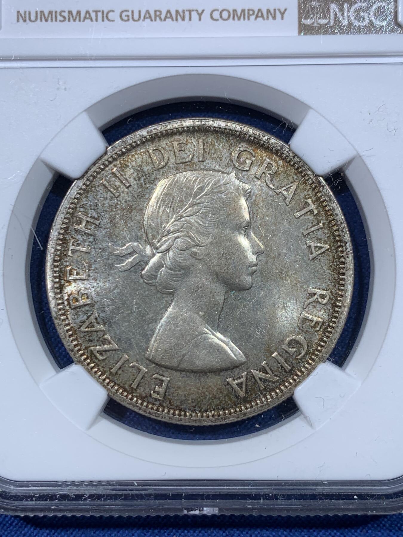 《竞宝斋》第476场 周日，周一 2场连拍 （全场包邮）欢迎送拍 NGC MS64 加拿大1958年不列颠哥伦比亚省100周年1元纪念银币，背面包浆繁星点点，分数不错