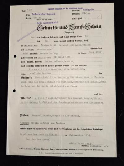 凯旋世界勋赏（第23期）（欢迎送拍）（对拍品有疑问请询问客服，不接受到手刀，出价默认拍品品相。请认真阅读拍卖规则！出价默认已认可！）（收到货请录制开箱视频，无视频概不处理问题。） - 捷克斯洛伐克共和国 厄内斯廷·鲁道夫·冯·瓦特堡（安东·鲍尔妻子）的出生与洗礼证明 由查斯拉夫总教区于1936年签发