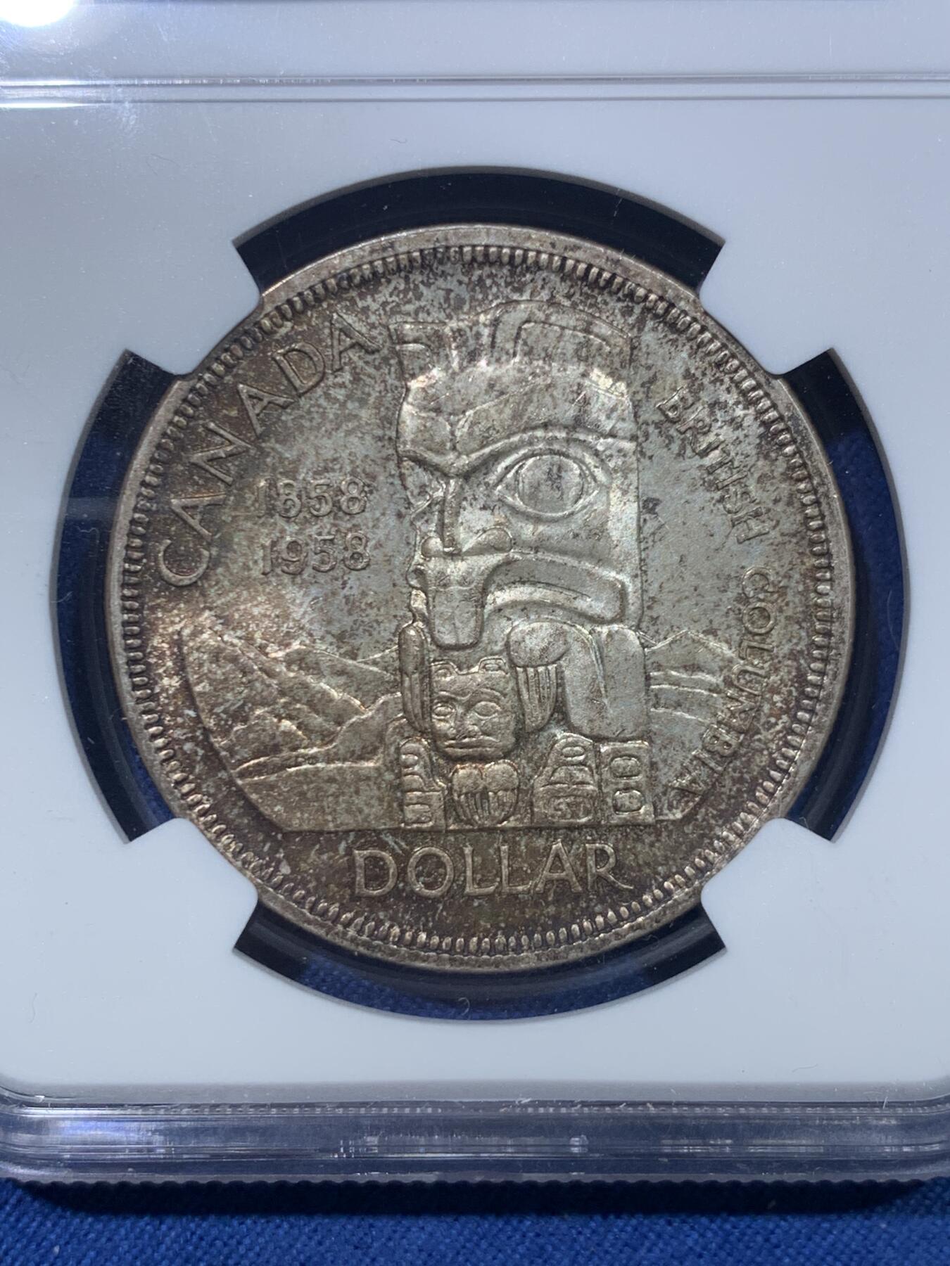 《竞宝斋》第476场 周日，周一 2场连拍 （全场包邮）欢迎送拍 NGC MS64 加拿大1958年不列颠哥伦比亚省100周年1元纪念银币，背面包浆繁星点点，分数不错