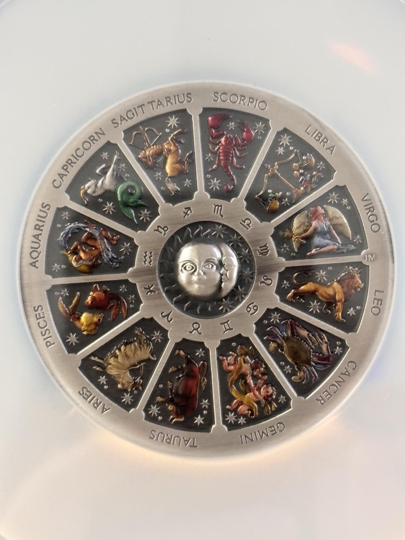 第196期拍卖 图瓦卢2021年十二星座5盎司仿古彩银币NGC-MS70首，9999银，发行488枚