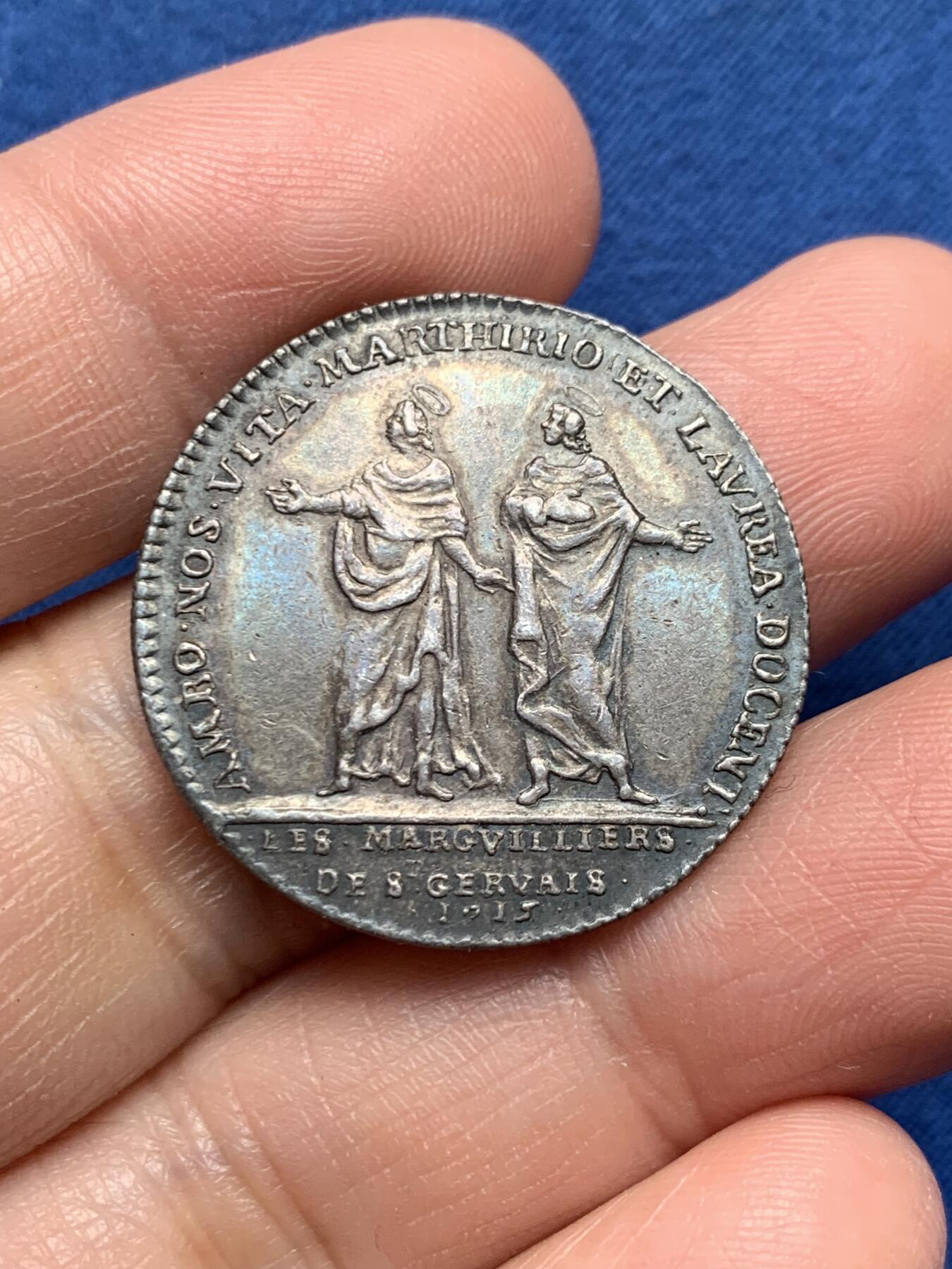 《竞宝斋》第476场 周日，周一 2场连拍 （全场包邮）欢迎送拍 法国圣热尔韦和圣普罗泰教堂银质代币，7.4g，28.3mm