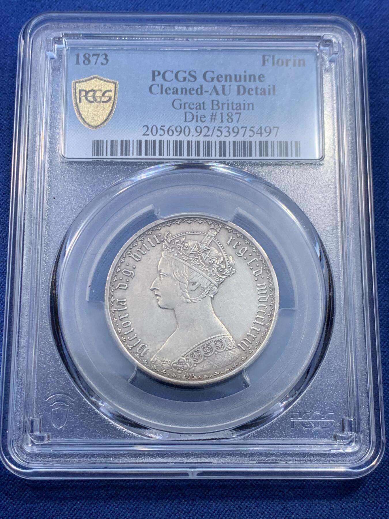 《竞宝斋》第476场 周日，周一 2场连拍 （全场包邮）欢迎送拍 NGC AUD 英国1873哥特弗洛林，少见年份，一流状态细节，AU92过于严苛