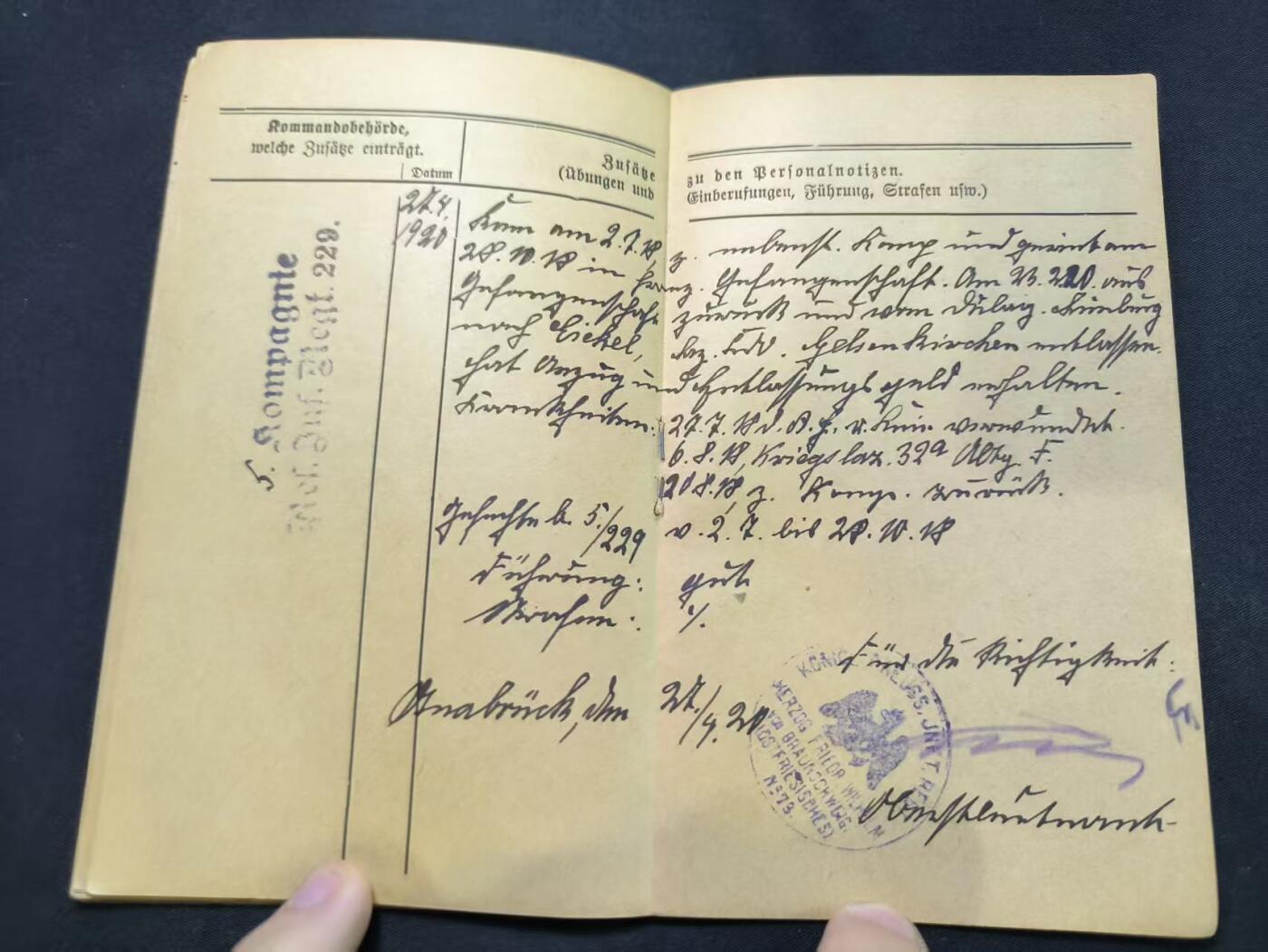 云宸嘉赏-勋臻文献佳藏优品精选场次（低佣 转发佣金红包） 德意志帝国格奥尔格・梅特士兵证 前线作战期间获得战斗奖章（Kampfglasur） 后调入省保安步兵服役 领取战争津贴 