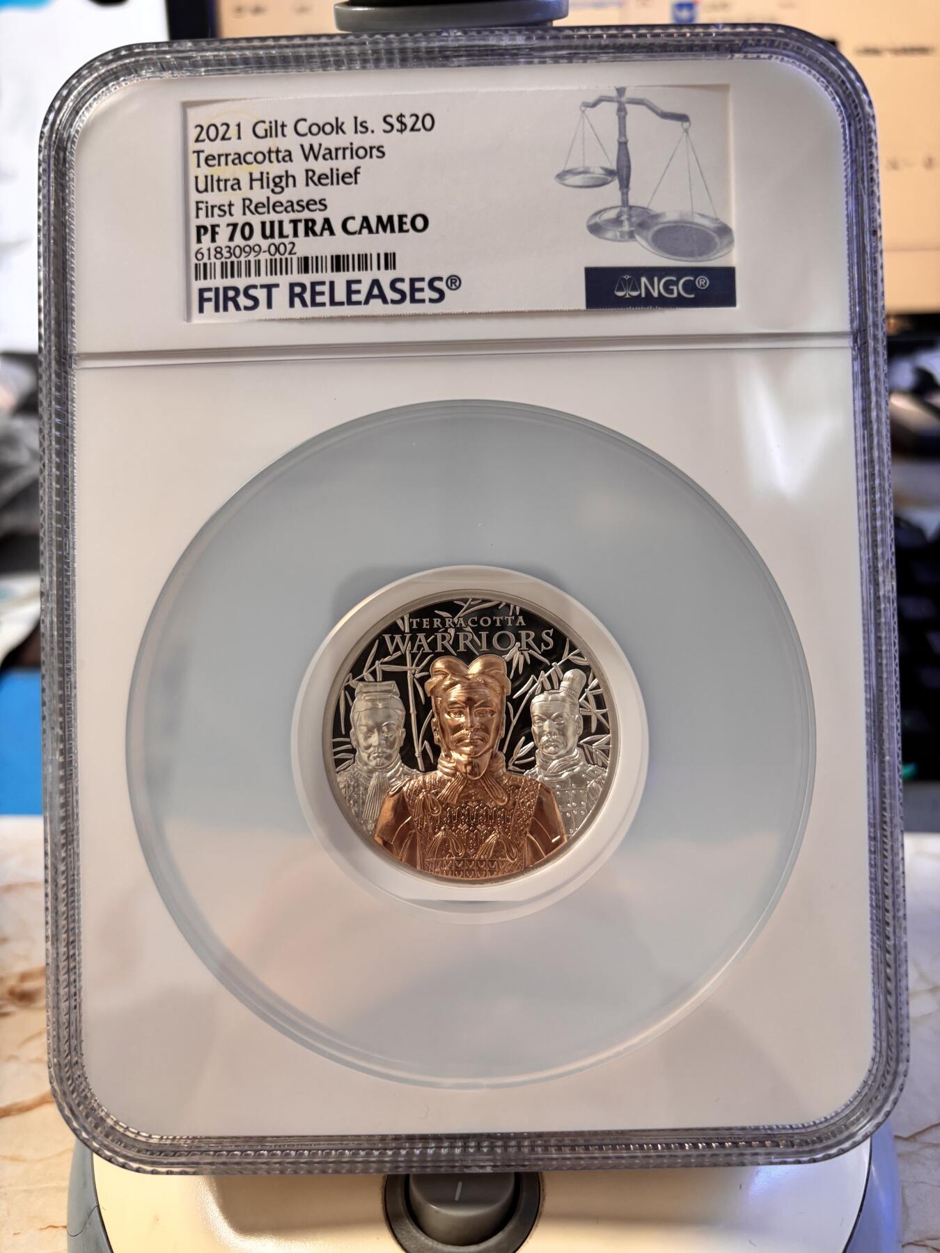 第196期拍卖 库克2021秦始皇兵马俑3盎司镀金银币NGC-PF70首，999银，发行500枚