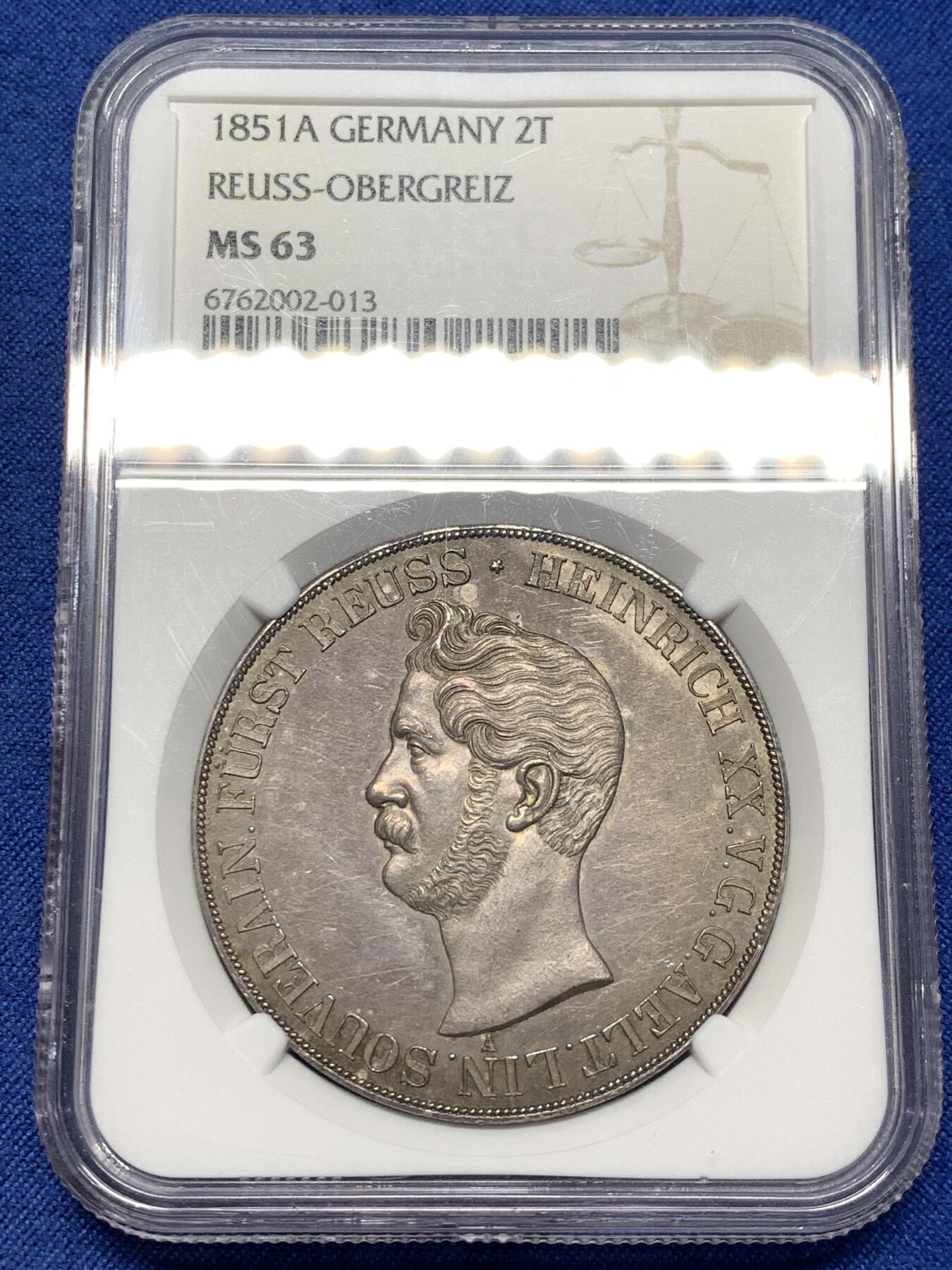 《竞宝斋》第476场 周日，周一 2场连拍 （全场包邮）欢迎送拍 冠军分 NGC MS63 德国 罗伊斯-格赖茨公国1851年亨利二十世2泰勒大银币 发行量仅2400枚的小邦品种 其领地仅316平方公里 可以说是小邦中的小邦 可与不求的藏品