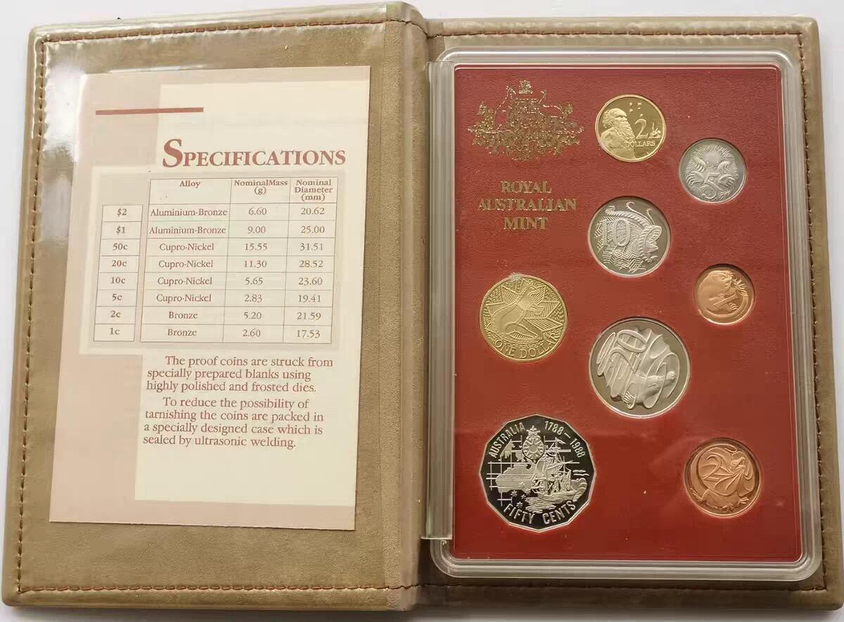 精品币专拍场 原盒证Proof 澳大利亚1988年精制硬币8枚套币含50分1元纪念币如图