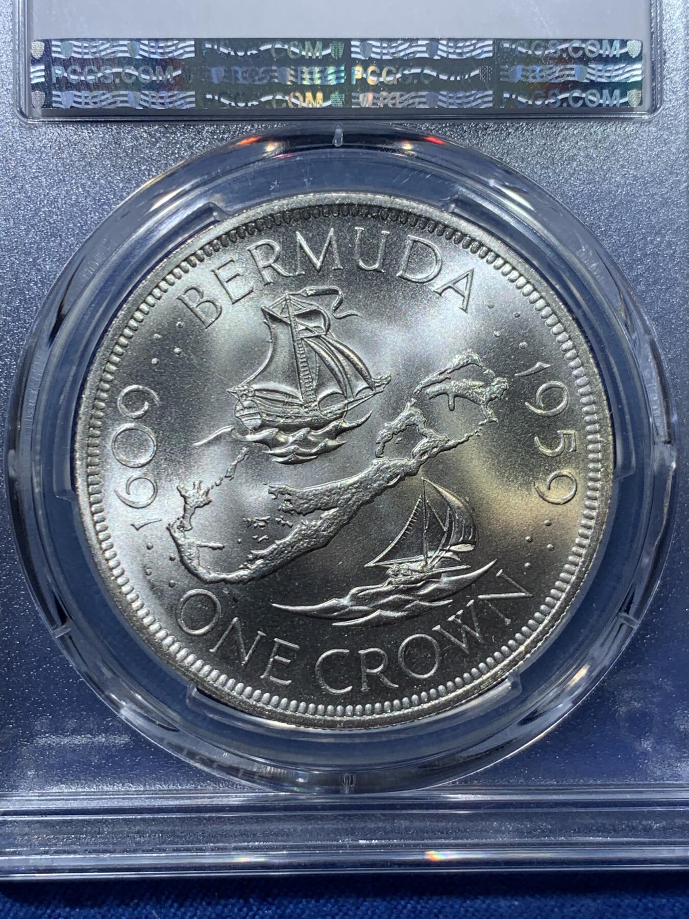 《竞宝斋》第476场 周日，周一 2场连拍 （全场包邮）欢迎送拍 PCGS MS66 英属百慕大群岛1959年伊丽莎白二世1克朗纪念银币，币面清爽干净又舒适，转光强烈细节优秀，状态极佳。