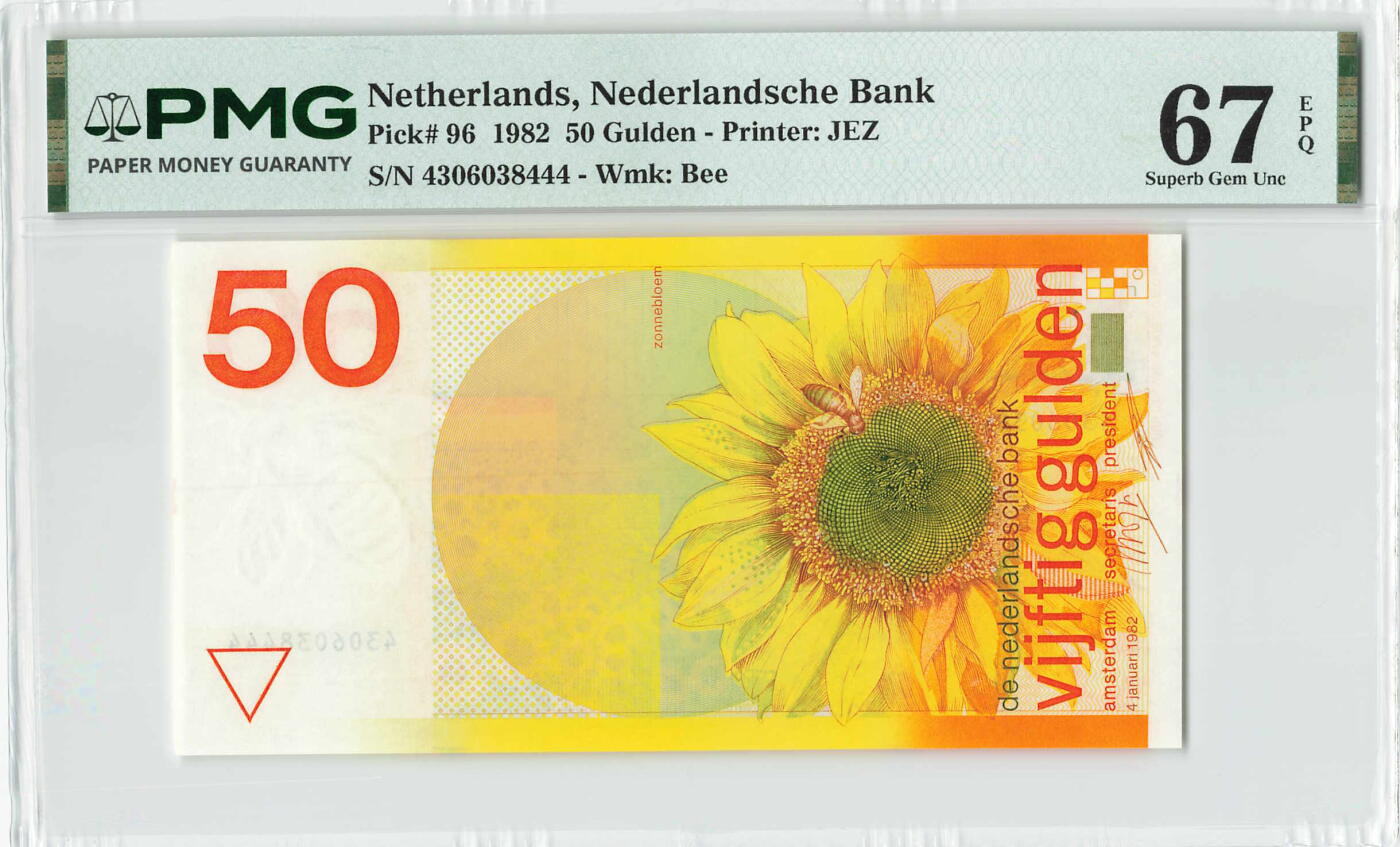 小福收藏拍卖第204期 评级币精选场 本期有 荷兰经典AA冠拿杯子的蛇 叙利亚世遗帕尔米拉古城豹子号冠军分 法国红衣主教冠军分 意大利经典达芬奇   白俄罗斯 "Millennium" 纪念版AA冠全同千位号全套  南斯拉夫铁托未发行版 美国 墨西哥 越南 法属印度支那等多国精美高分珍稀老钞精品纸币 荷兰 1982年 50盾 向日葵 豹子号444 PMG67 EPQ