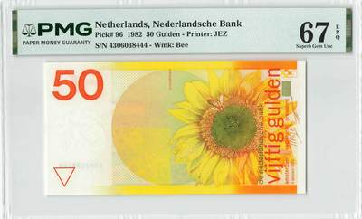 小福收藏拍卖第204期 评级币精选场 本期有 荷兰经典AA冠拿杯子的蛇 叙利亚世遗帕尔米拉古城豹子号冠军分 法国红衣主教冠军分 意大利经典达芬奇   白俄罗斯 "Millennium" 纪念版AA冠全同千位号全套  南斯拉夫铁托未发行版 美国 墨西哥 越南 法属印度支那等多国精美高分珍稀老钞精品纸币 - 荷兰 1982年 50盾 向日葵 豹子号444 PMG67 EPQ